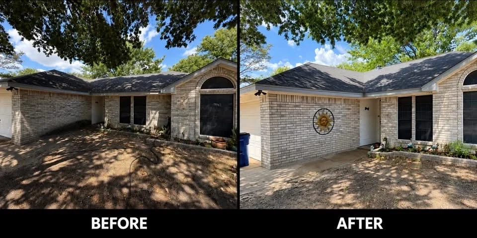 Side-by-side before and after photos of a brick home exterior cleaned by KT Exterior Services