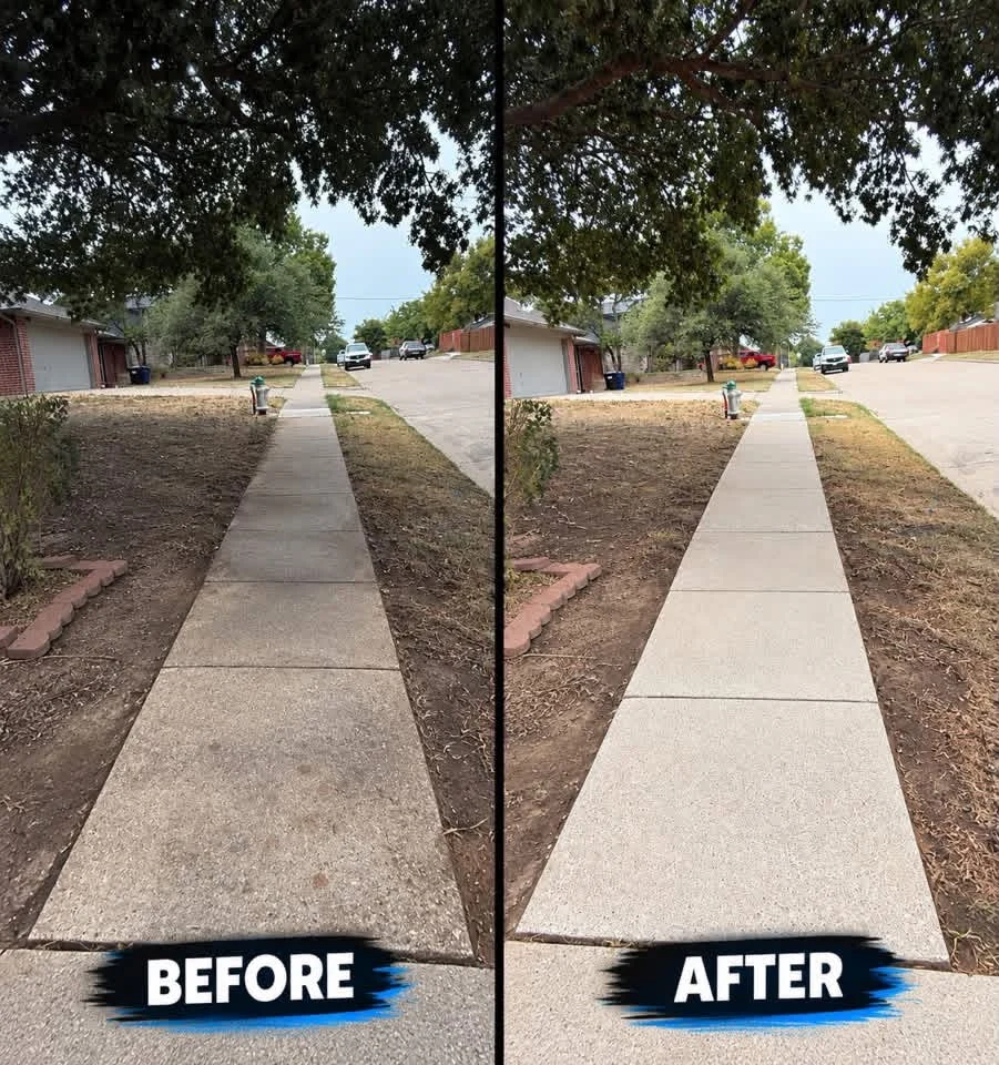 Side-by-side before and after photos showing a cleaned concrete sidewalk